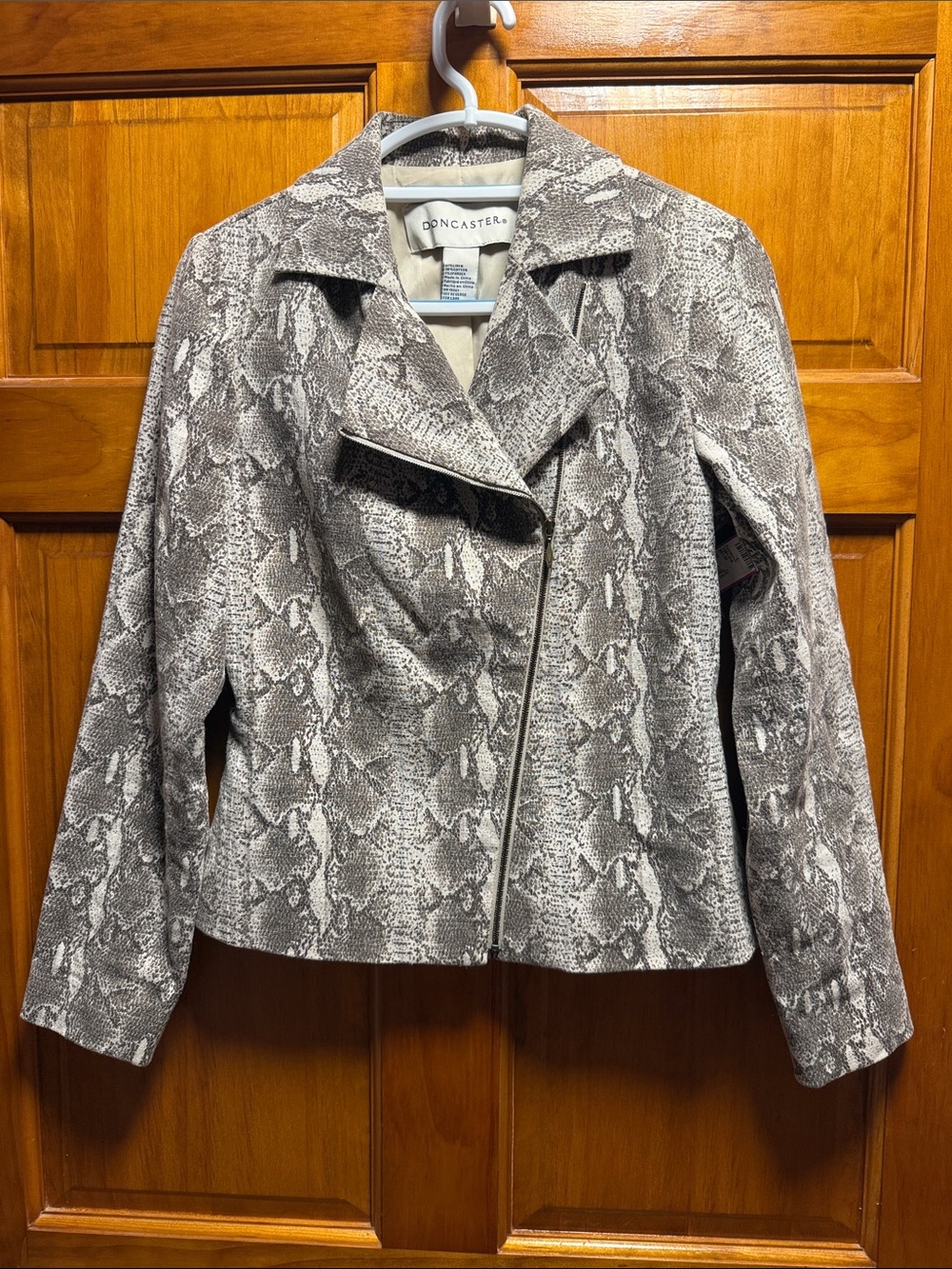 Doncaster Snake-Print Asymmetric Zip Jacket - Gray Beige